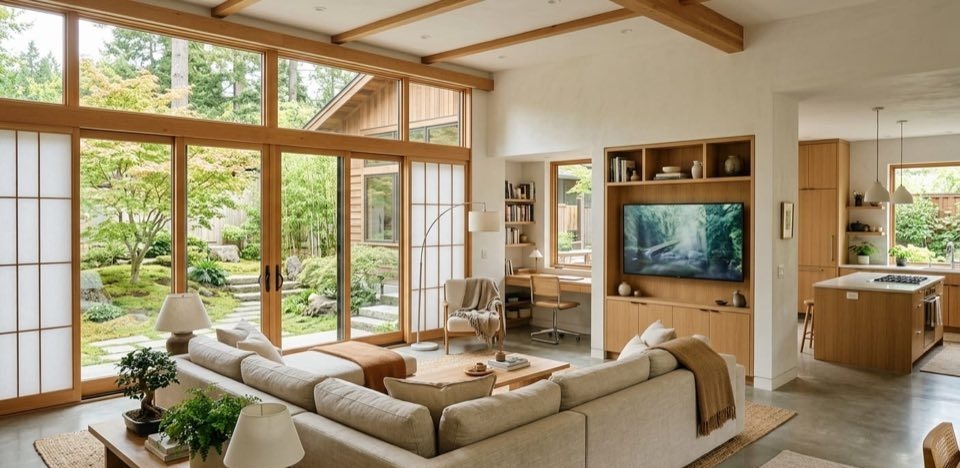 Virtually staged listing photo in Japandi style