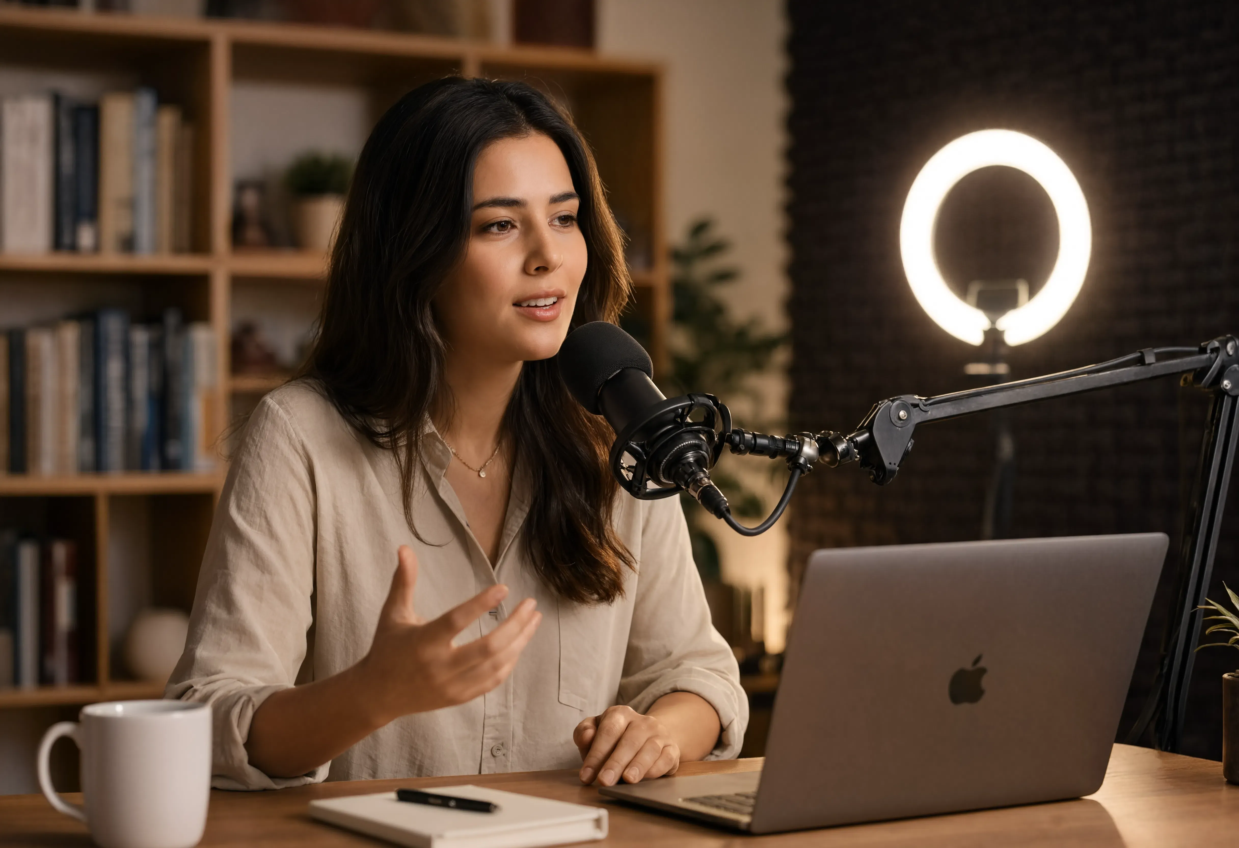 Content creator recording a podcast in a home studio