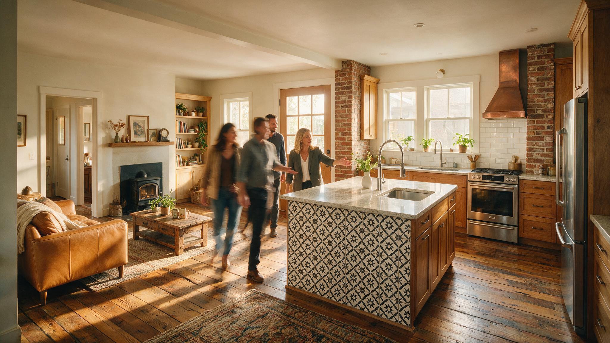 Real estate agent leading a property showing in a sunlit home