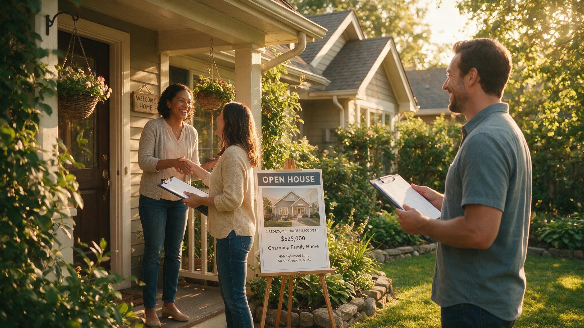 Real estate agent greeting buyers after a successful open house