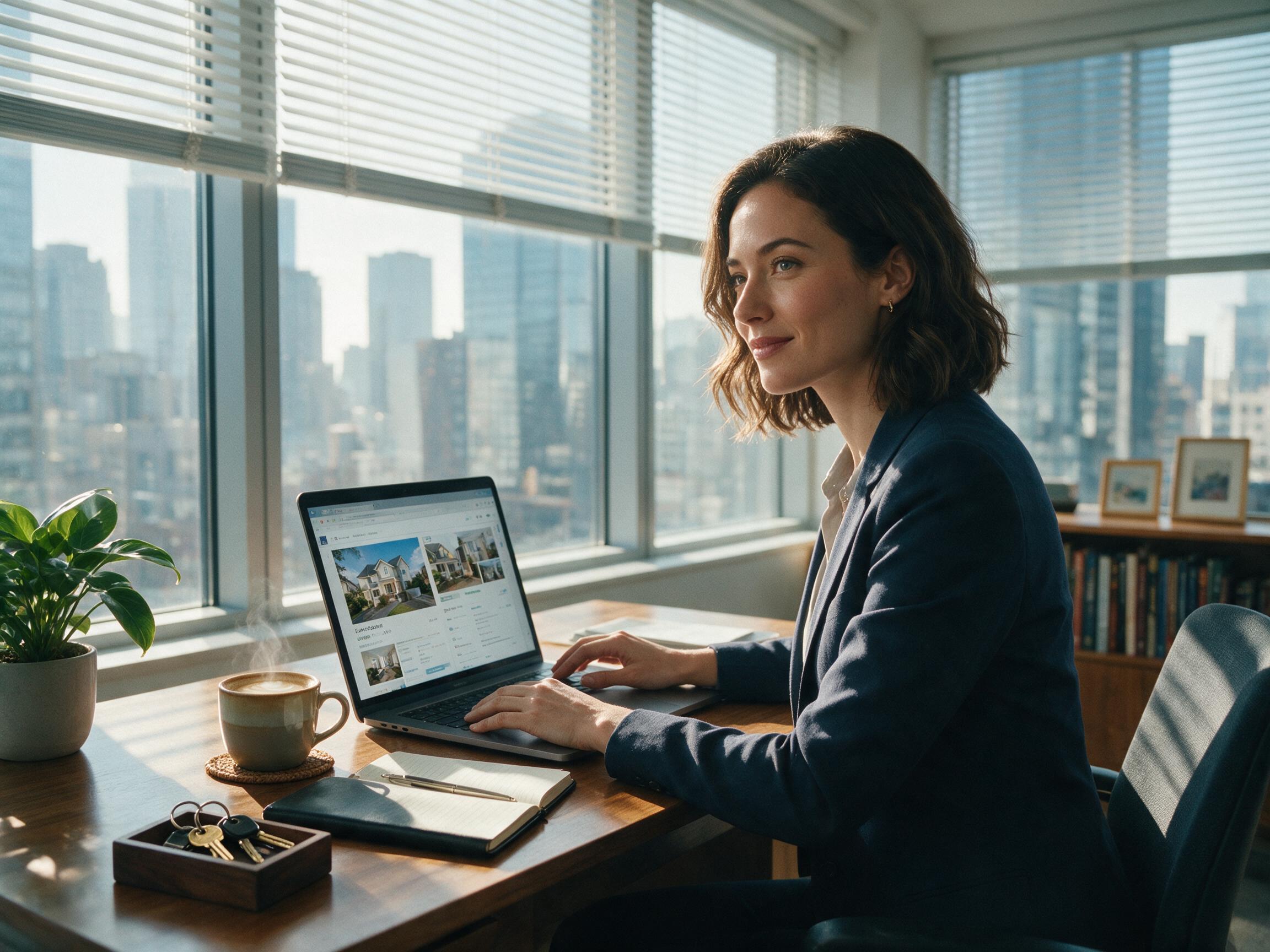 Real estate agent at work in a modern office with morning light