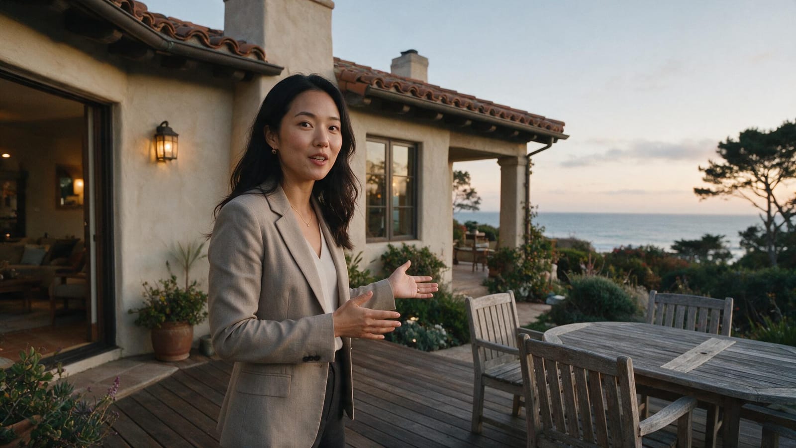 Real estate agent on the deck of a Mediterranean-style coastal home at sunset