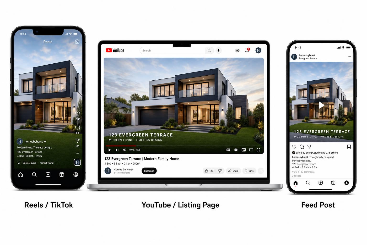 Social media format exports from an AI real estate video editor: the same listing video shown in vertical 9:16 for Reels and TikTok, widescreen 16:9 for YouTube, and square 1:1 for feed posts