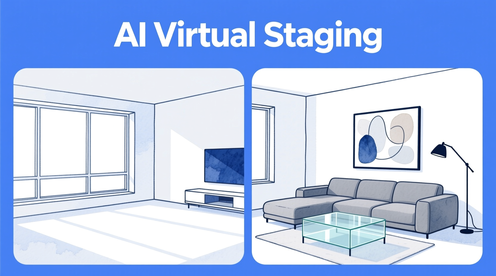 AI virtual staging comparison: empty living room transformed to furnished space using artificial intelligence