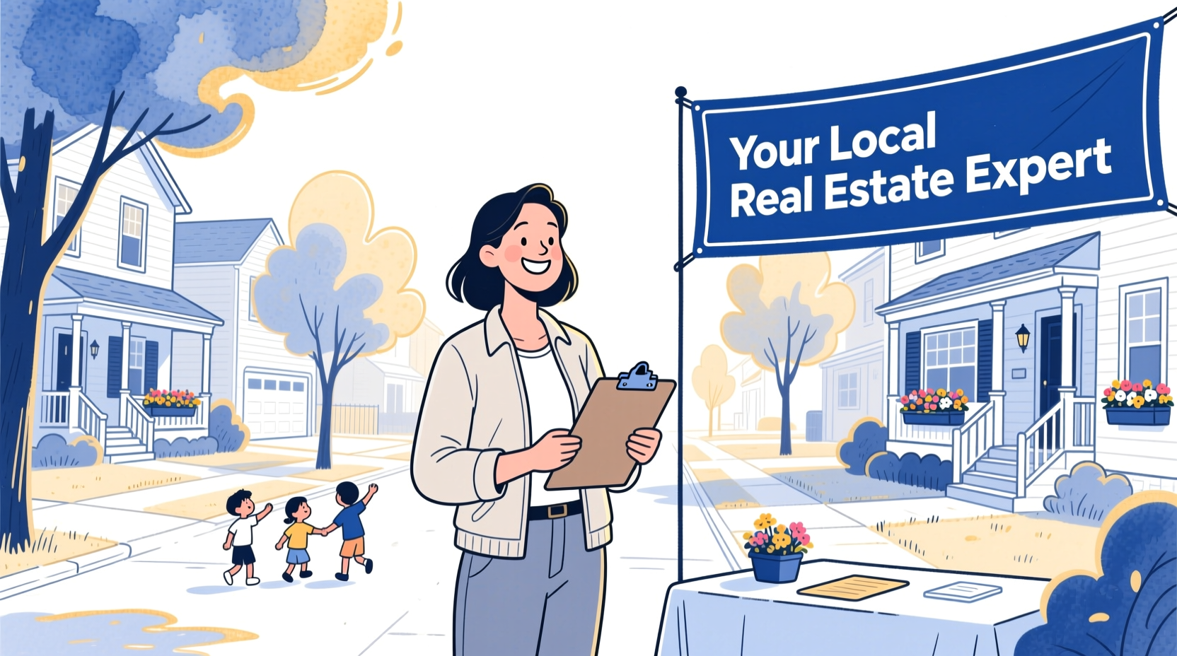 Real estate agent recognized as the local neighborhood expert at a community event with a branded sign
