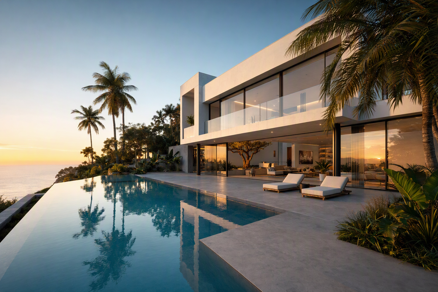 Luxury villa exterior with infinity pool at golden hour
