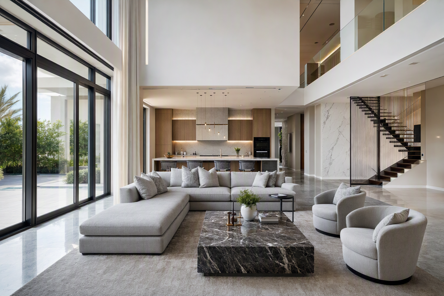 Bright open-plan living room with natural light flooding through floor-to-ceiling windows