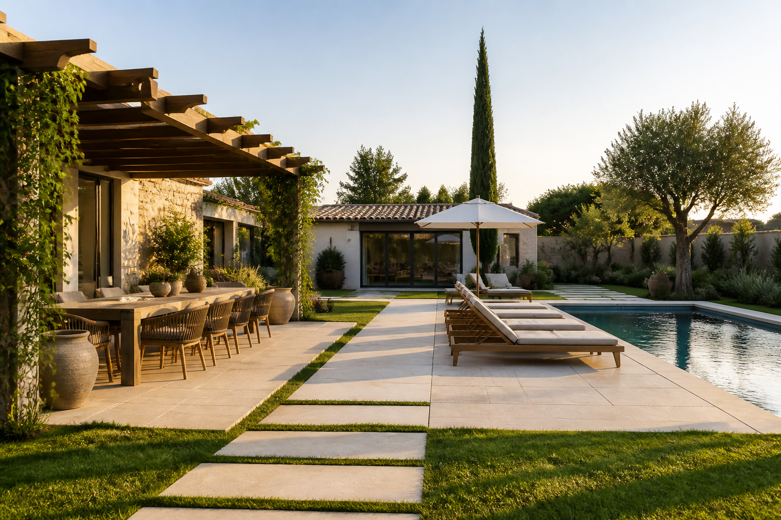Luxury villa outdoor entertaining area with pool