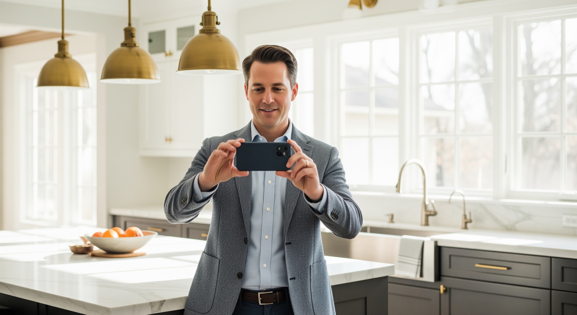 Real estate agent filming a listing video tour on a smartphone in a sunlit modern kitchen — part of an agent's real estate video marketing workflow