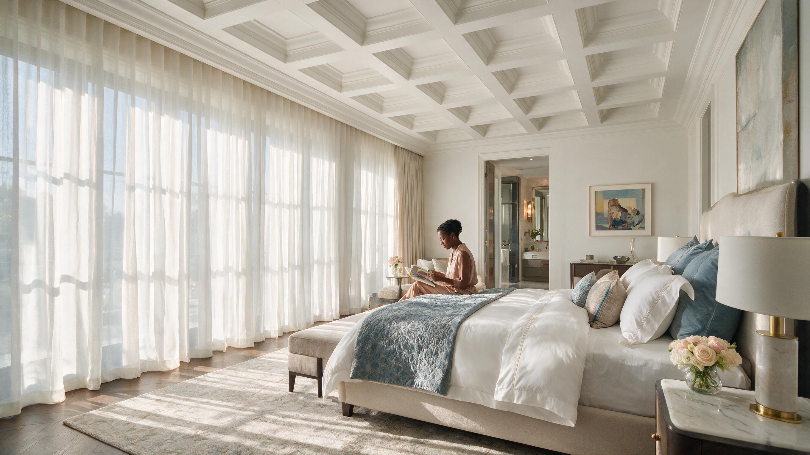 Woman reading in a luxurious primary bedroom suite, AI lifestyle actors for real estate listing video