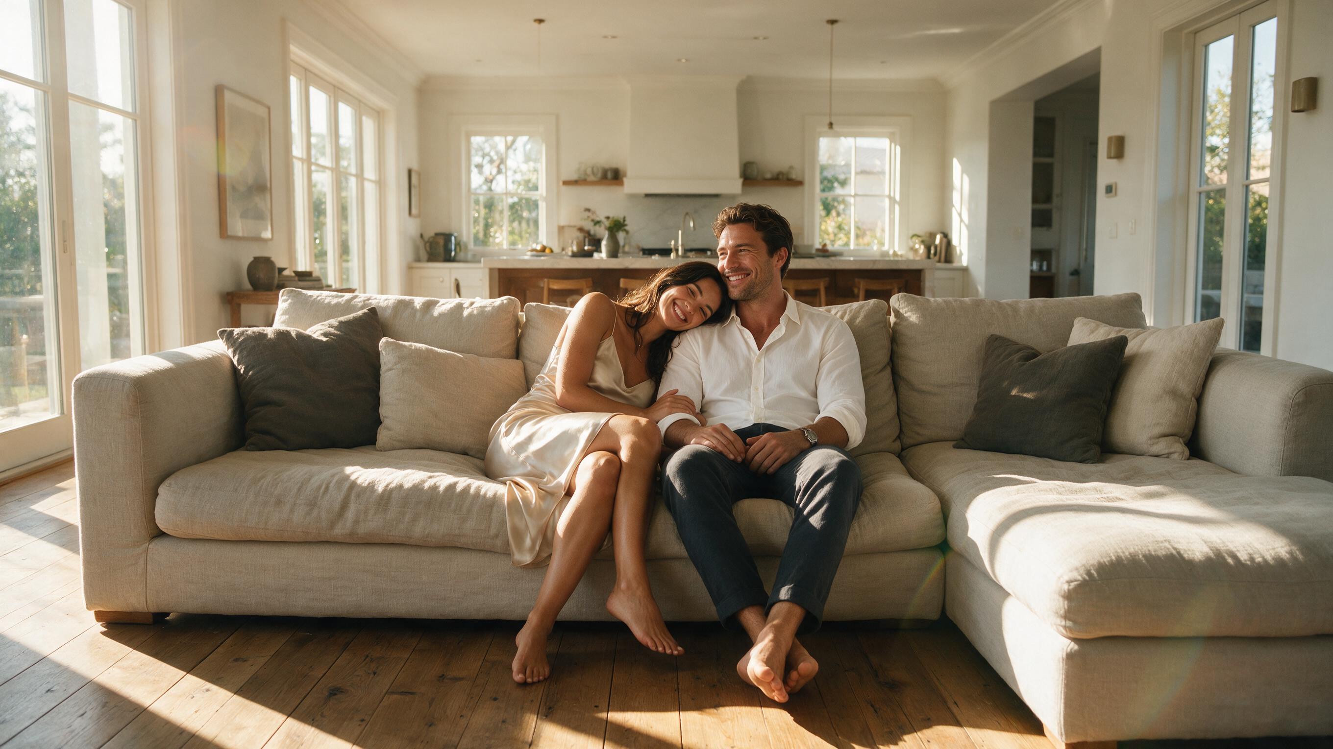 Couple relaxing together on a sofa in a sunlit living room, AI lifestyle actors for real estate