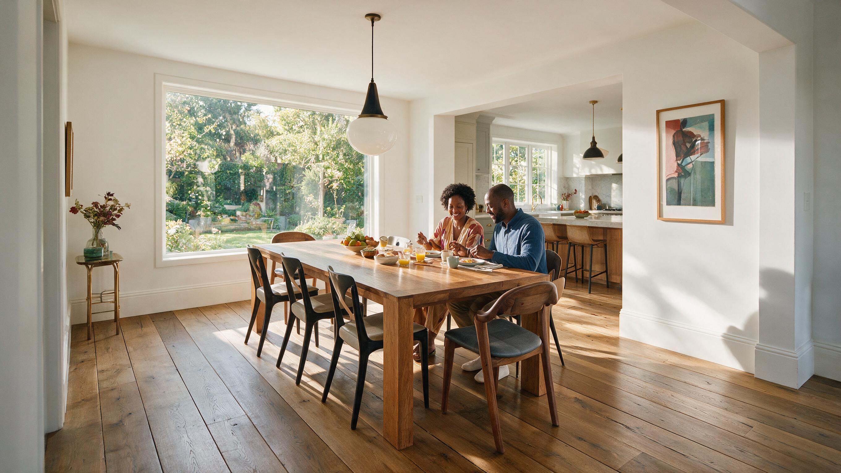 Couple having breakfast in a modern dining room, AI lifestyle actors for real estate listing video
