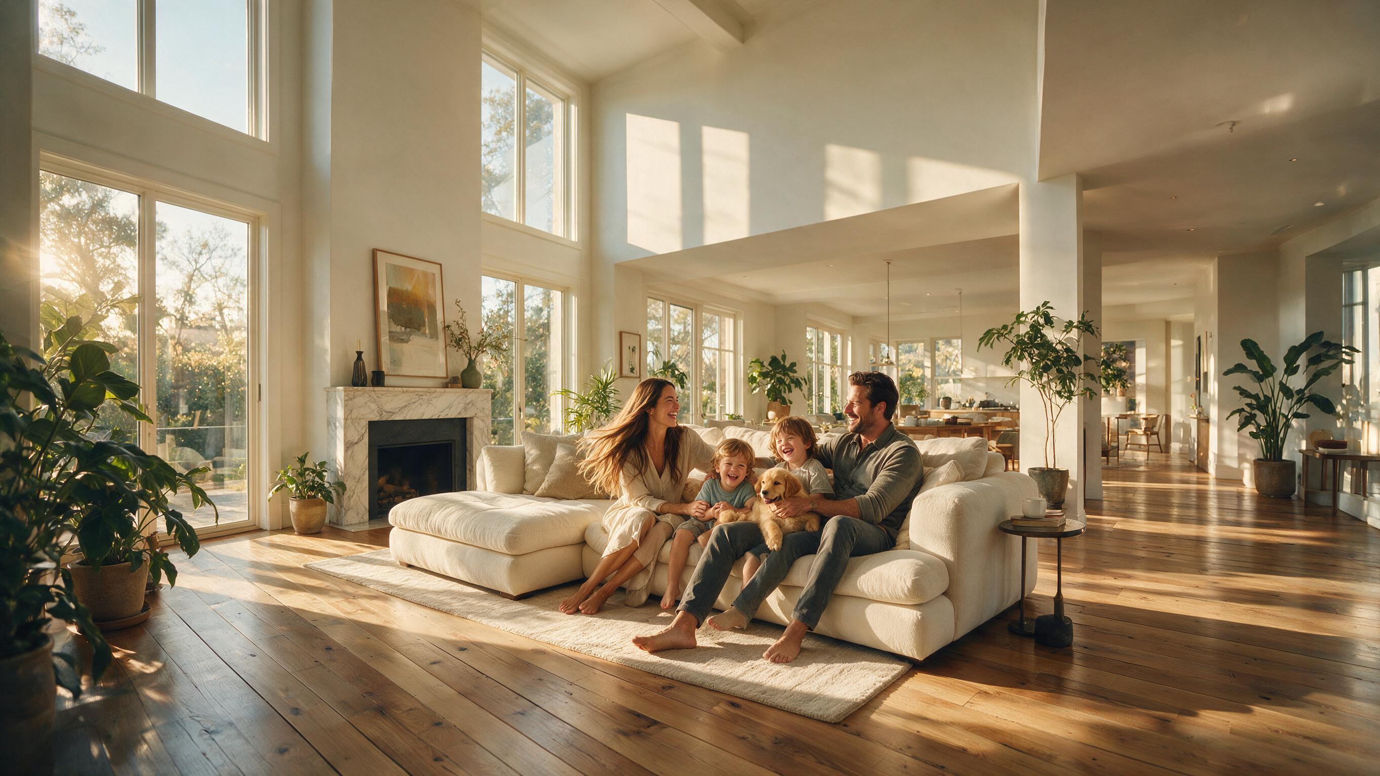 Family with children and a golden retriever puppy in a sunlit open-plan living room, AI lifestyle actors for real estate listing video