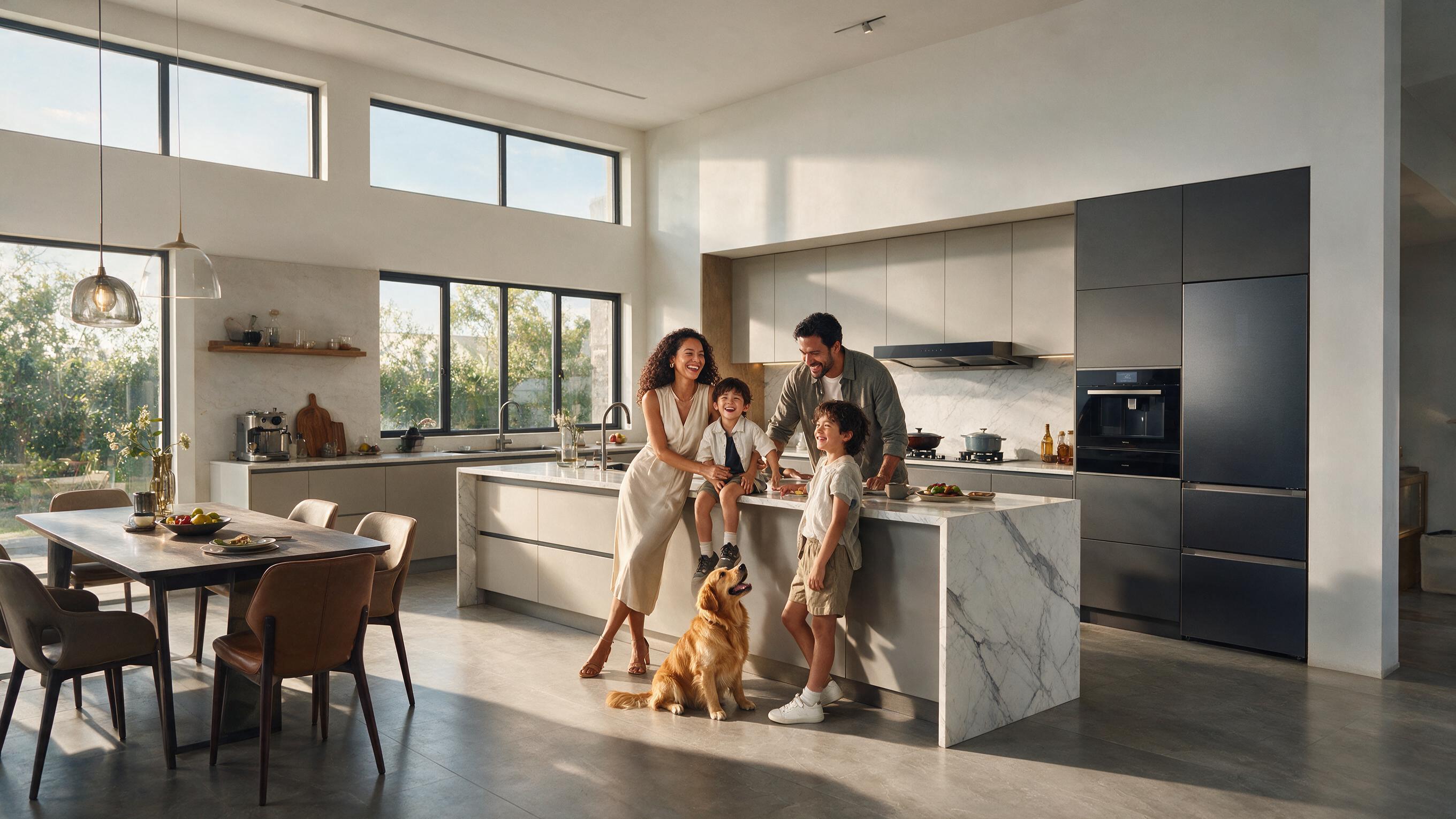 Family with children and a golden retriever in a spacious living room, AI lifestyle actors for real estate