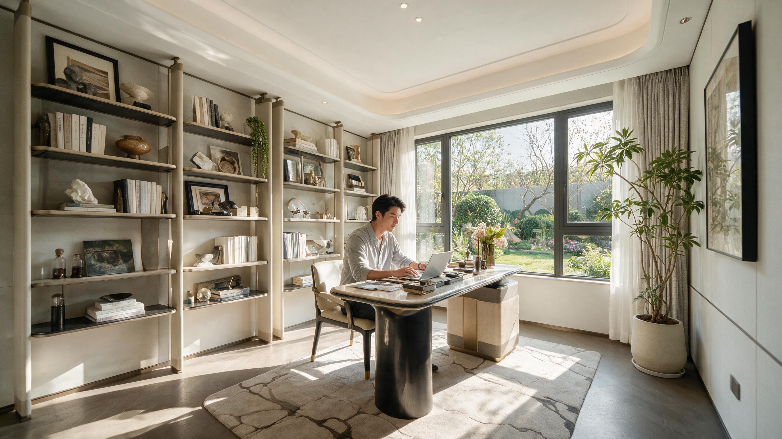 Professional working on a laptop in a bright home office, AI lifestyle actors for real estate