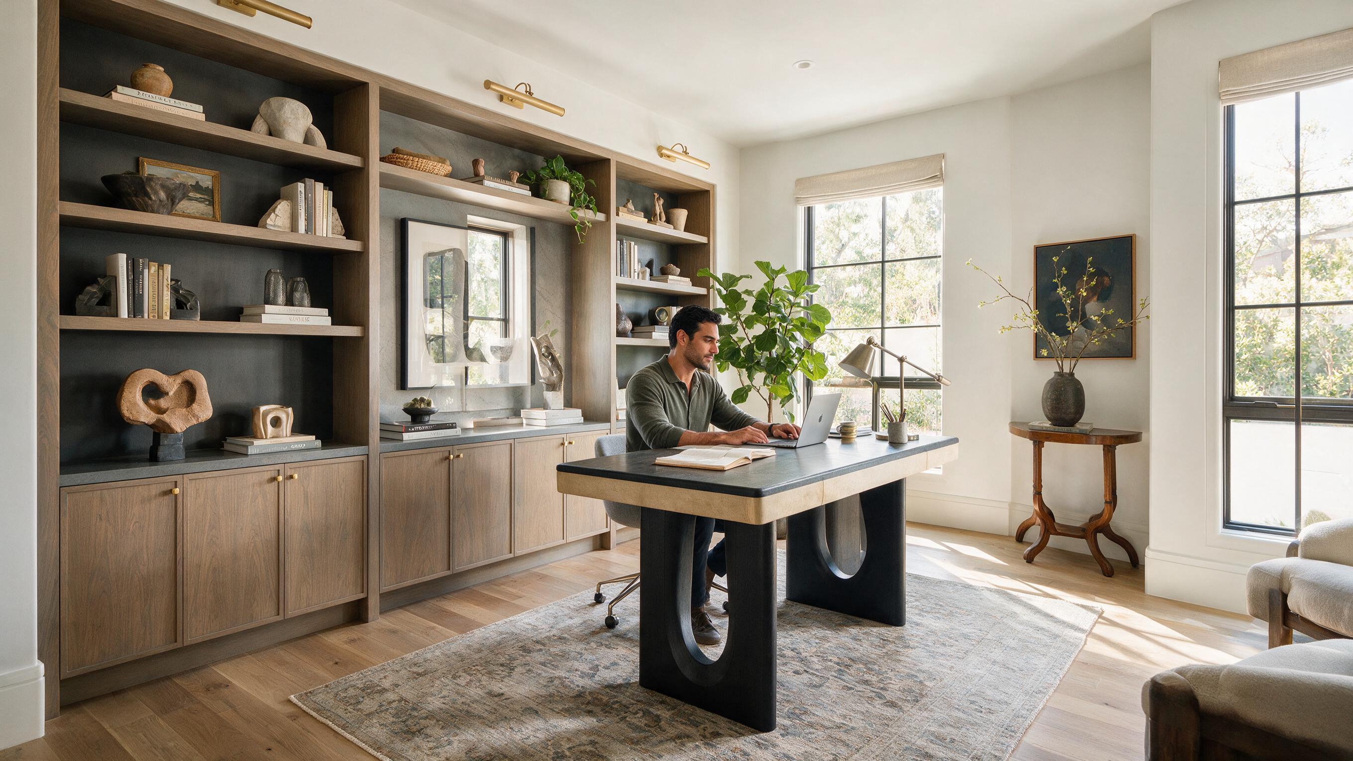 Professional working at a desk in a bright luxury home office, AI lifestyle actors for real estate
