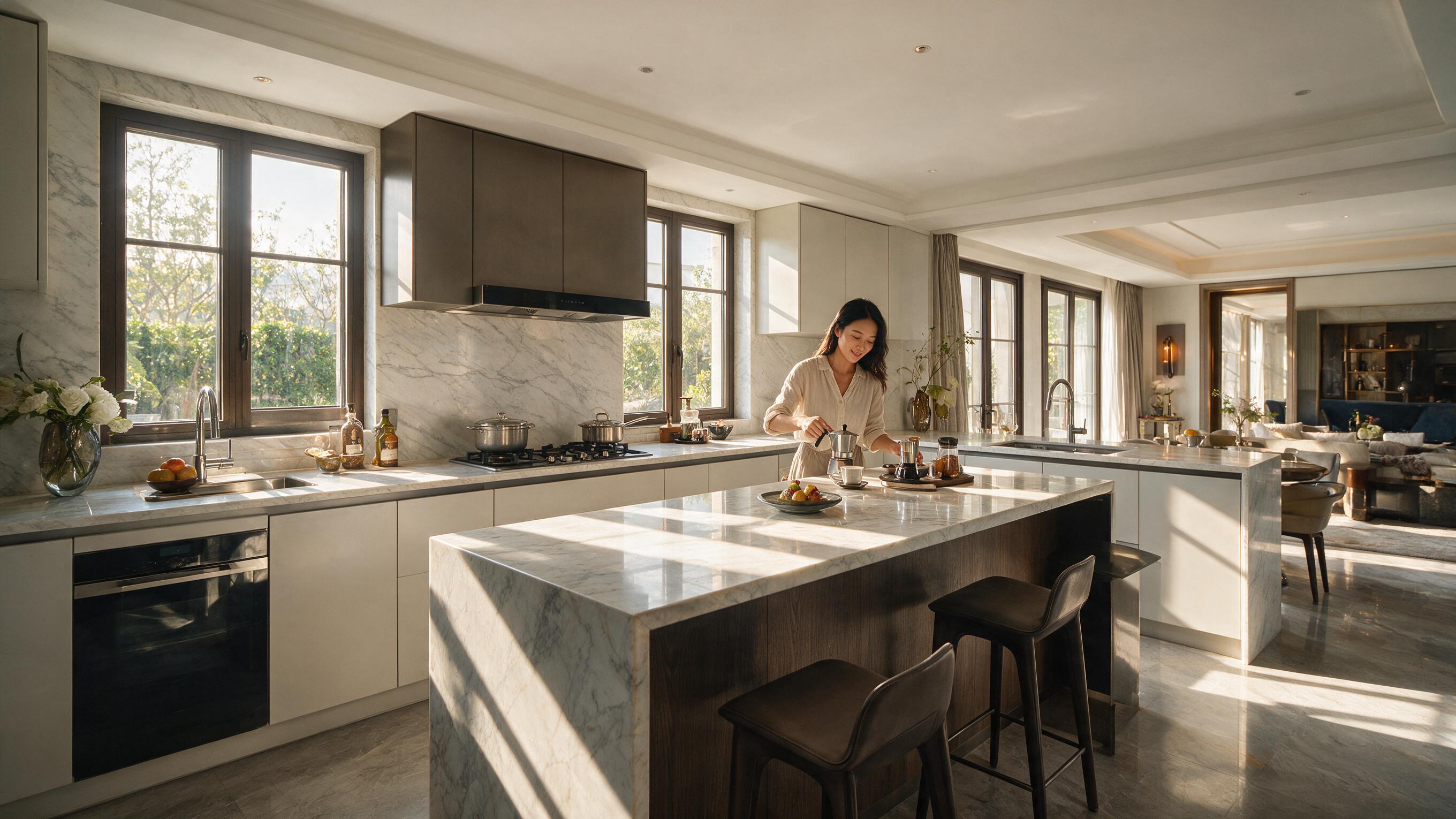 Woman making morning coffee at a marble kitchen island, AI lifestyle actors for real estate listing video