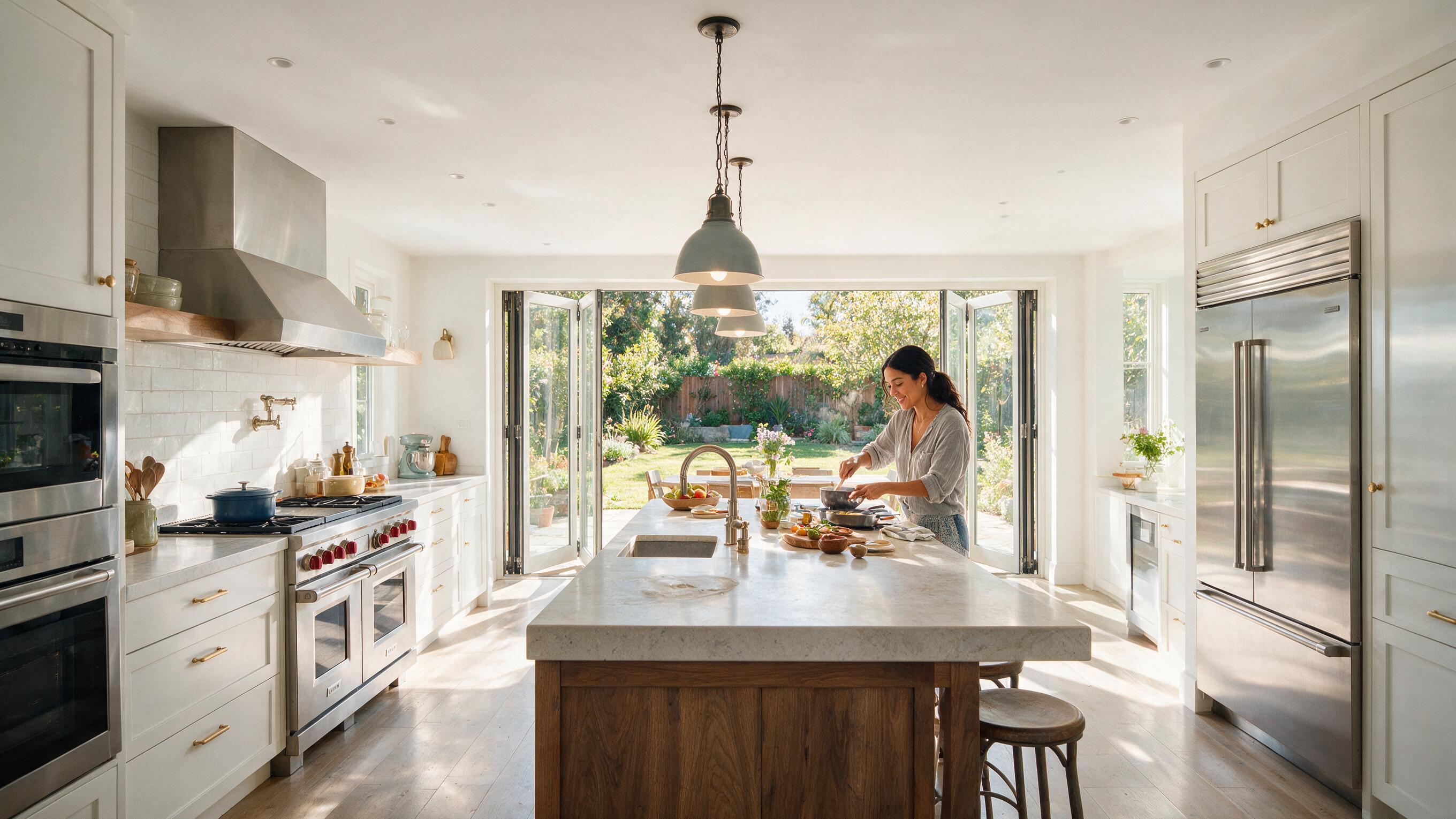 Woman preparing food in a gourmet kitchen with garden views, AI lifestyle actors for real estate