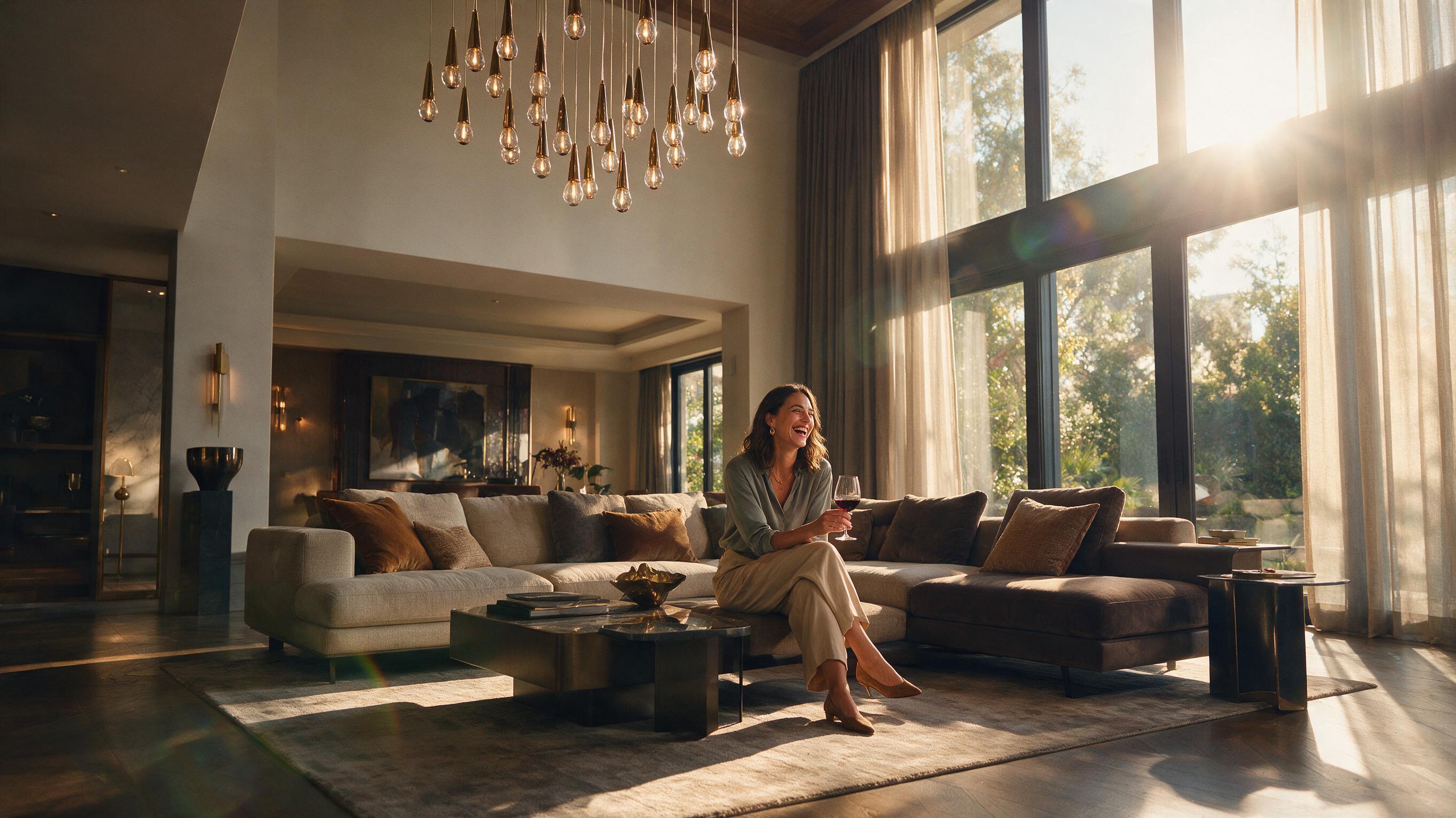 Woman relaxing with a glass of wine on a sofa in a sunlit living room, AI lifestyle actors for real estate