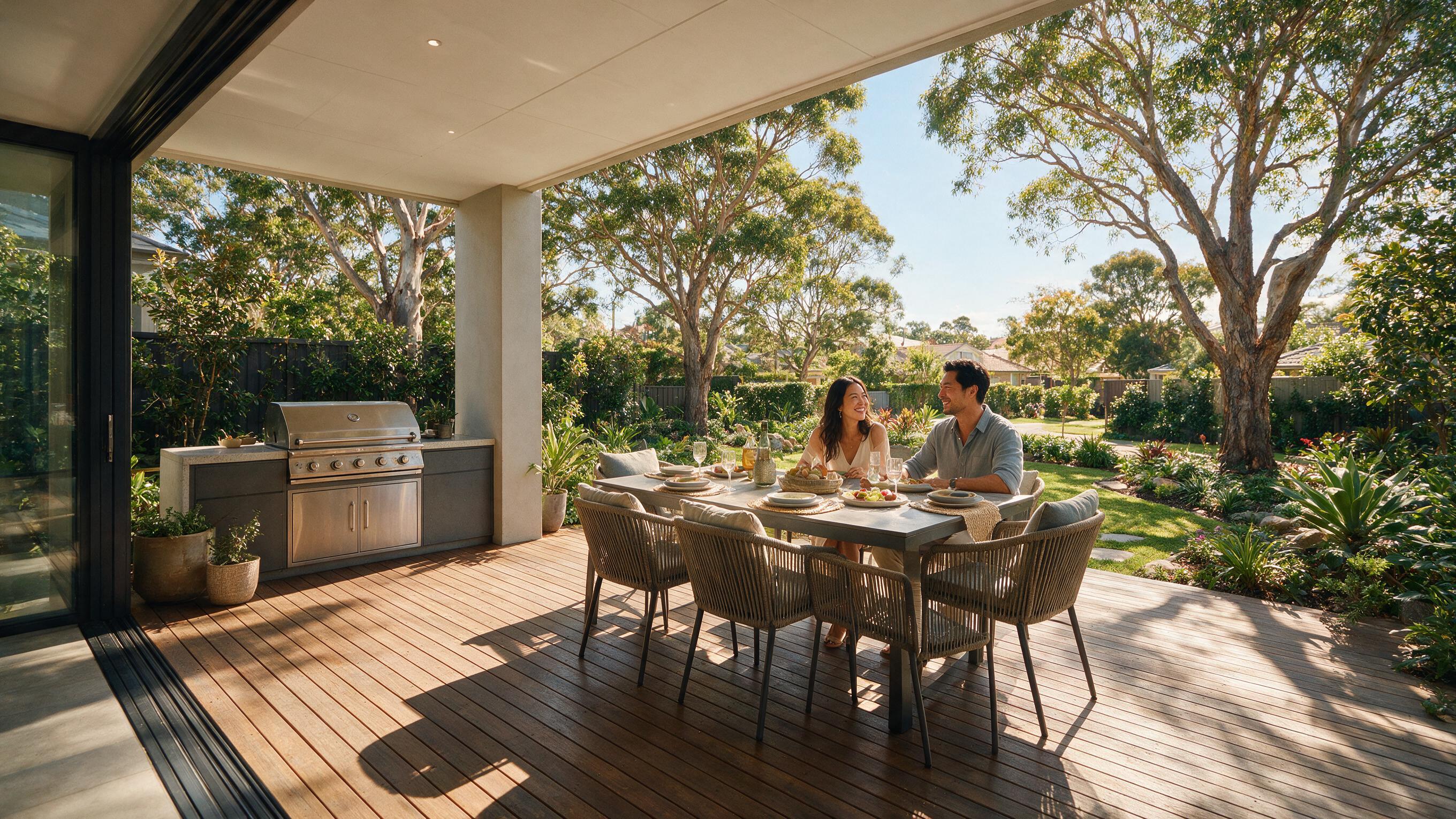 Couple dining on a modern outdoor patio with an outdoor kitchen, AI lifestyle actors for real estate