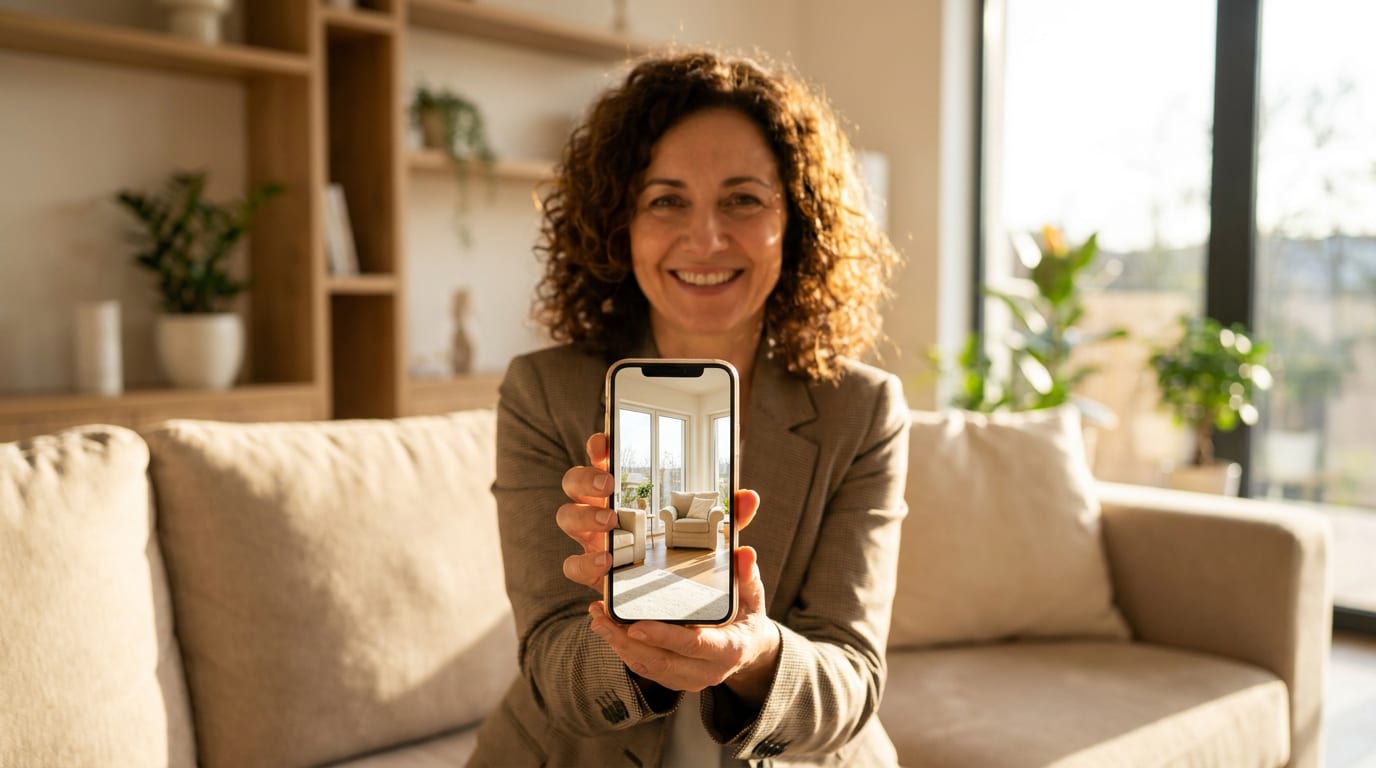 Smiling real estate agent on a sofa holding up a smartphone that plays a vertical listing video of a bright furnished living room
