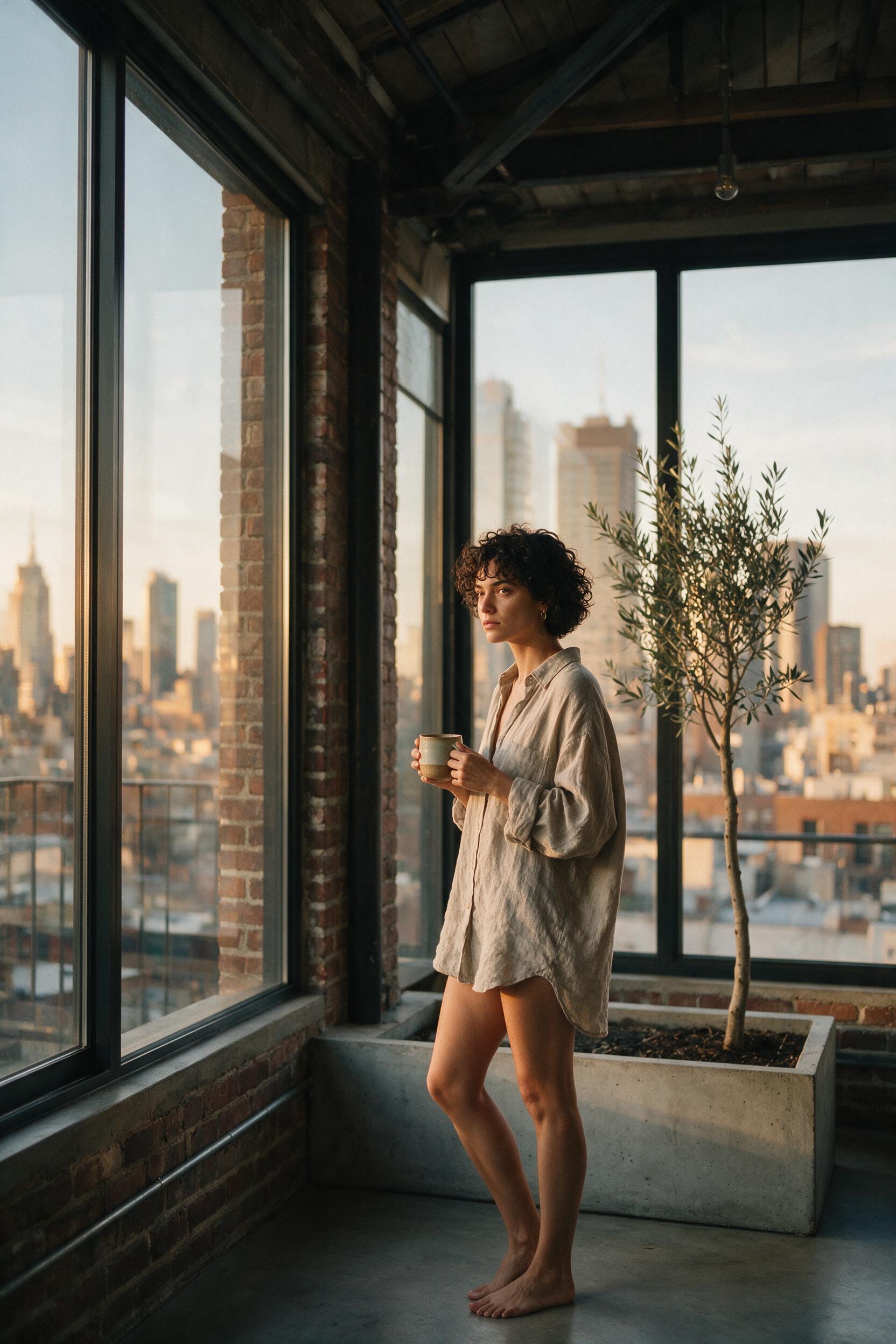 Young woman at floor-to-ceiling loft windows overlooking a city skyline at golden hour