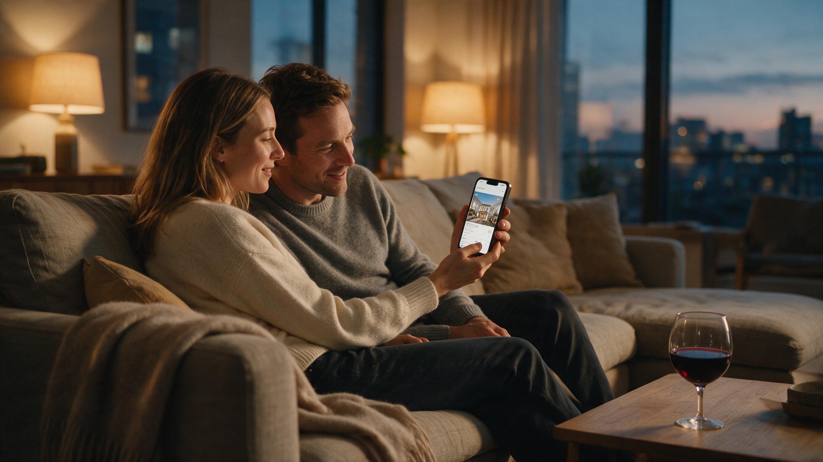 Couple on a sofa at dusk scrolling a real estate listing on a phone, city skyline beyond the windows
