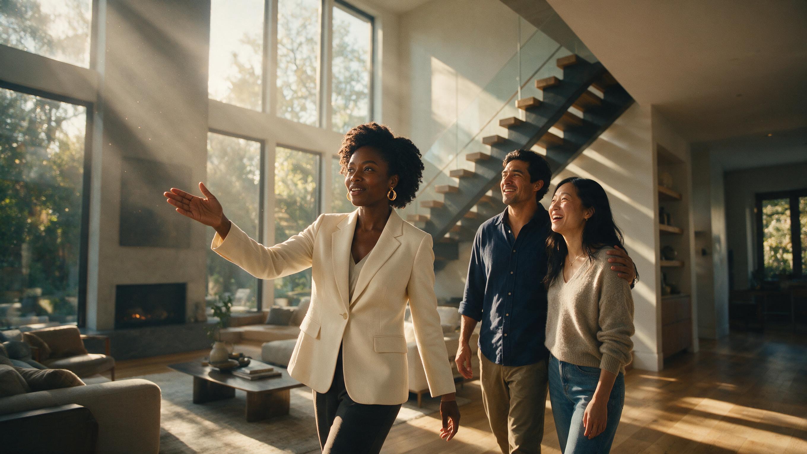 Real estate agent walking buyers through a sunlit contemporary home while listing videos publish to social media