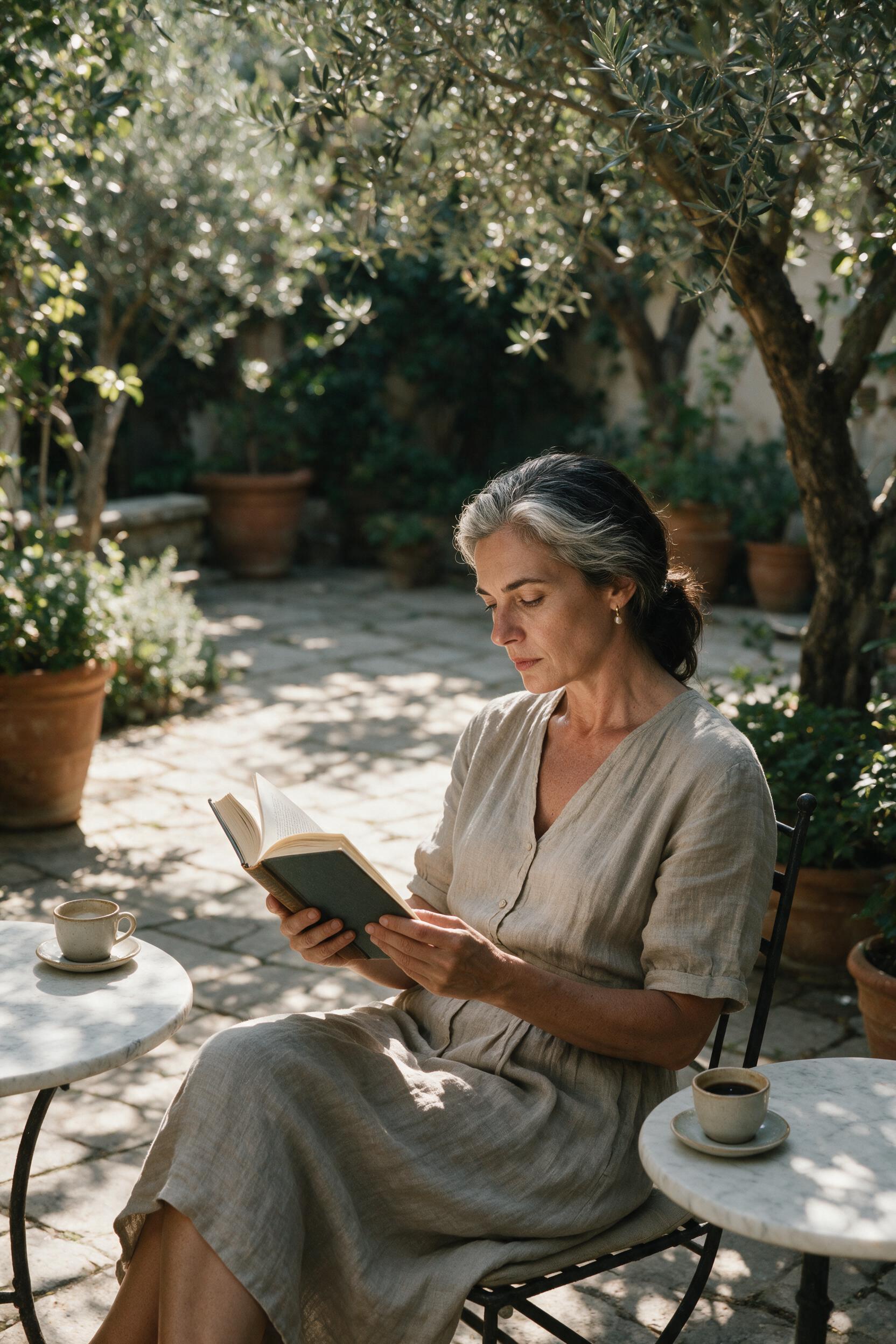 Woman reading in a sun-dappled patio garden with olive trees and morning coffee