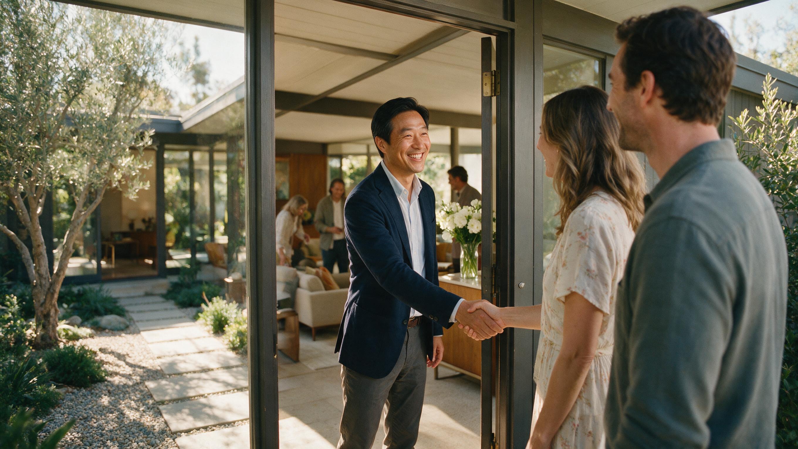 Real estate agent greeting arriving guests at the doorway of a mid-century modern home during an open house