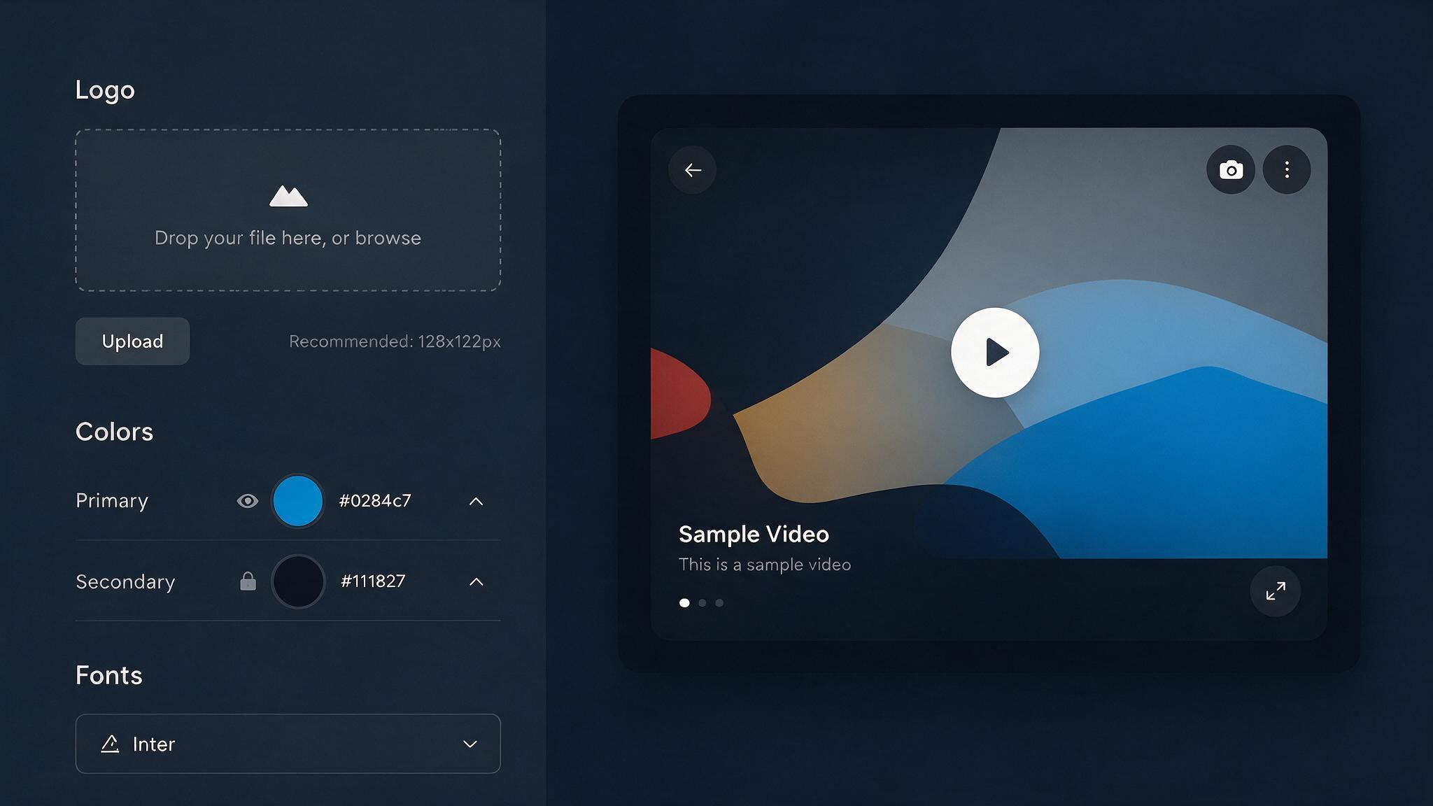 Brand kit setup interface showing logo upload, color palette, and font selection