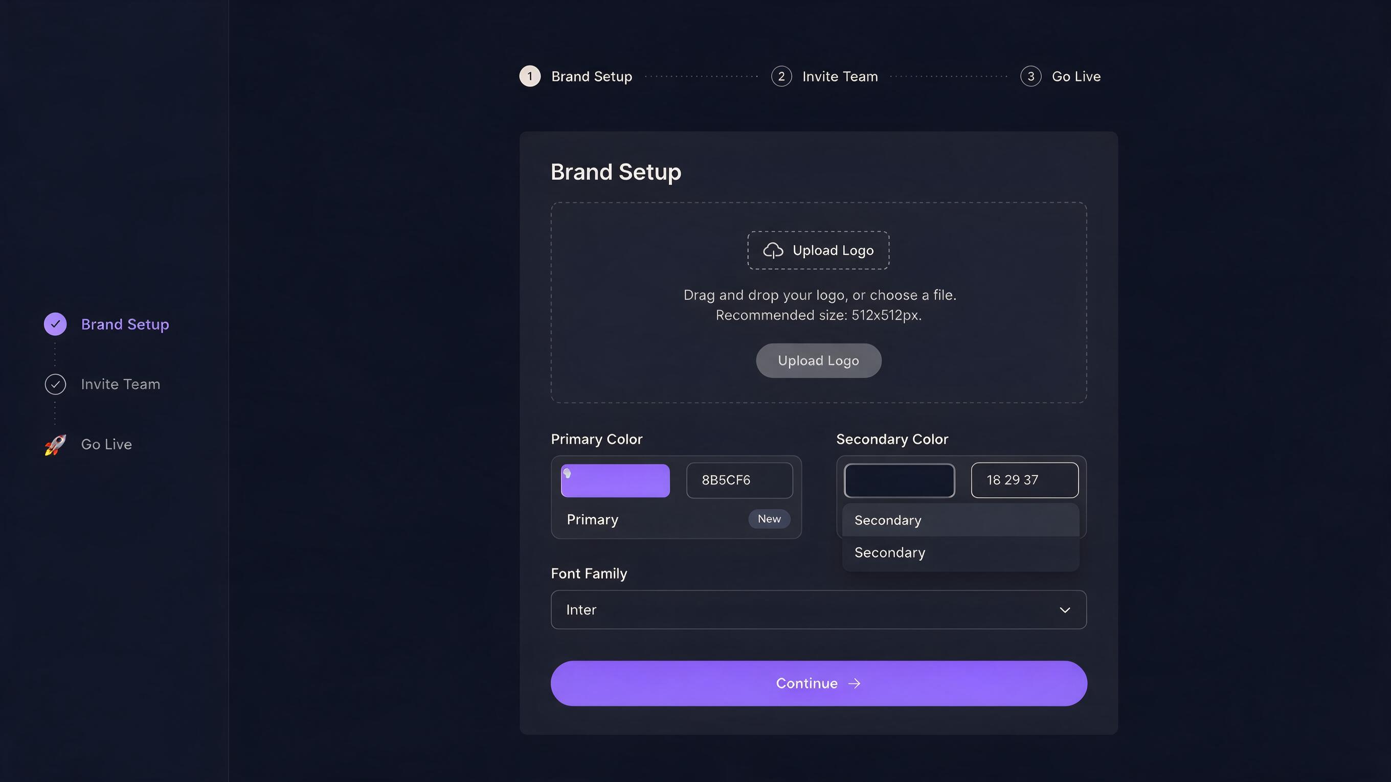 Three-step team onboarding wizard: set up brand kit, invite agents, go live